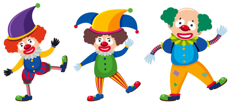 Three clowns with different costumes