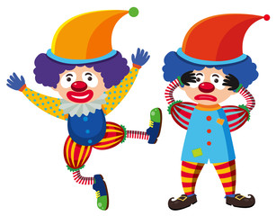 Two circus clowns in colorful costume
