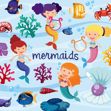 Background design with cute mermaids underwater