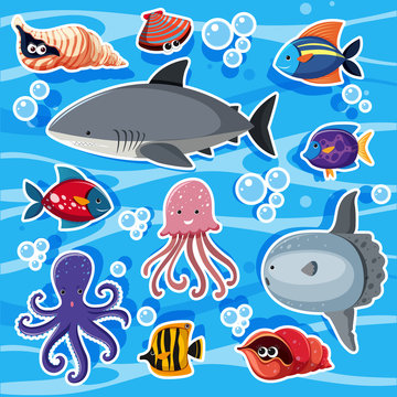 Sticker templates with sea animals underwater