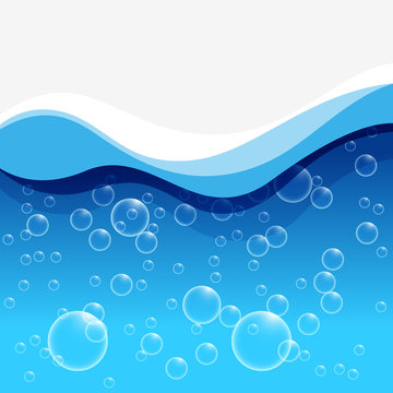 Background template with blue waves and bubbles