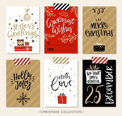 Christmas gift tags and cards with calligraphy. Hand drawn design elements. Handwritten modern lettering.
