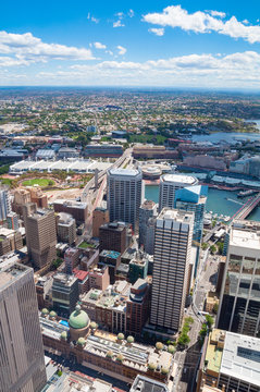 Aerial view on Sydney CBD and Darling Harbour with Ultimo suburb
