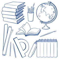 Set of objects. Education tools and study equipment. Stack of books, pencil cup, globe, paper roll, protractor, brushes and pencils. Outline monochrome vector illustration