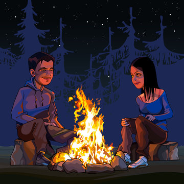 cartoon man and woman sitting by a campfire at night in the woods