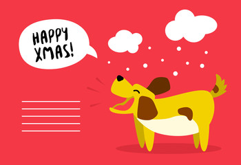 Christmas card with cute dog and snow clouds on red background. Flat style. Vector.