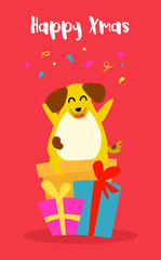 Cartoon yellow dog with gifts and confetti on red background. Flat style. Vector christmas card.