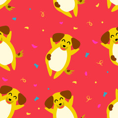 Christmas pattern with yellow dog  and confetti on red background. Flat style. Ornament for textile and wrapping. Vector.
