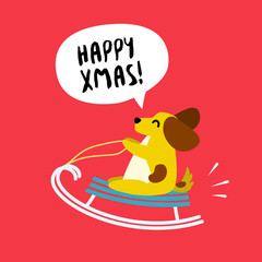 Cute yellow dog with sled on red background. Flat style. Vector christmas card.