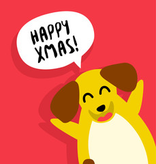 Happy Christmas card with fun yellow dog on red background. Flat style. Vector.