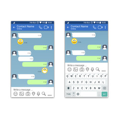 Social network or messenger application template with and without virtual keyboard for mobile devices. Chat or sms app interface concept. Vector illustration