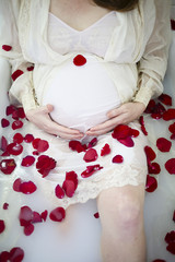 Maternity Photos: Mother with a Pregnant Belly in a Milk Bath with Red Rose Petals