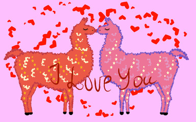 Two lovers, kissing llamas surrounded by hearts. Love is in the air. Inscription I love you, postcard, Valentine's day