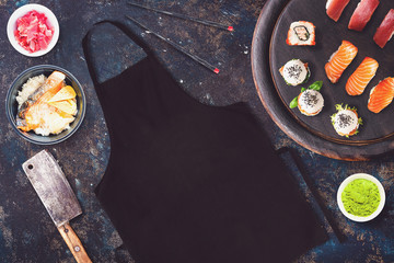 Blank black apron in a sushi restaurant