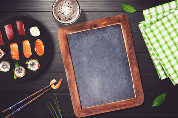 Blank chalkboard menu in a sushi bar