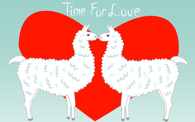 Two lovers, kissing llamas surrounded by hearts. Love is in the air. The inscription Time for love, postcard, Valentine's day