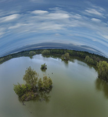 pond and blue sky - aerial view