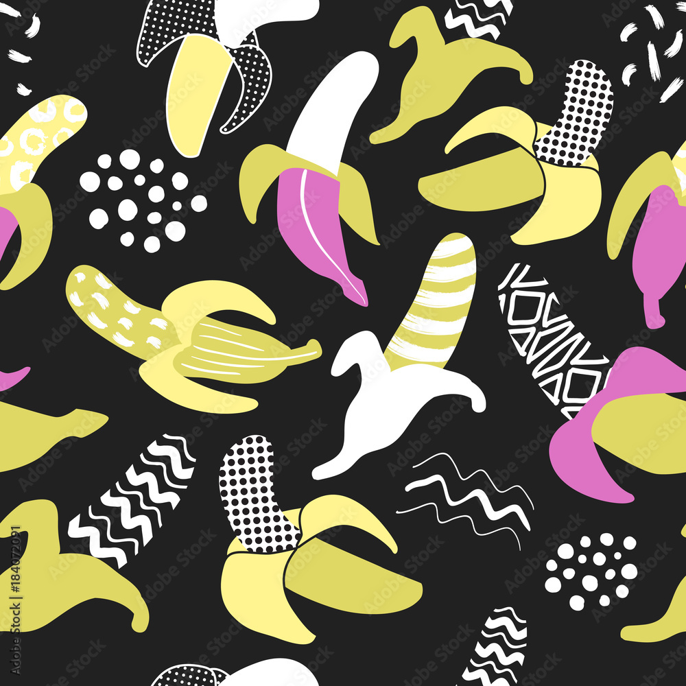 Aufkleber memphis seamless pattern with banana. abstract trendy fabric background with hand drawn elements for