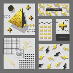 Golden Glitter Geometric Design Set for Invitations, Banners, Greeting Cards. Gold Abstract Patterns with Geometric Elements. Flyer Template, Business Brochure. Vector illustration