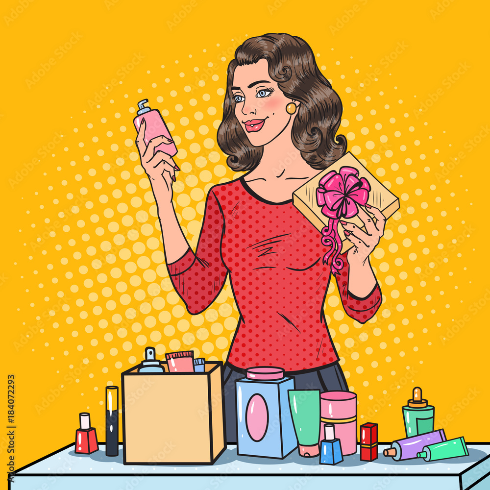 Wall mural pop art beautiful woman with wrapping cosmetics in gift box. beauty presents. vector illustration