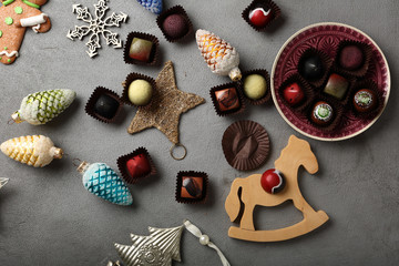 Christmas decorations and chocolate candy background