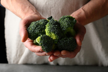 Naklejka na ściany i meble Fresh and green broccoli in chef hands