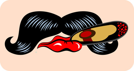 Male mouth with Lush, curled mustache keeps a cigar in red lips
