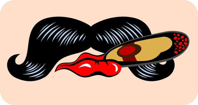 Male mouth with Lush, curled mustache keeps a cigar in red lips
