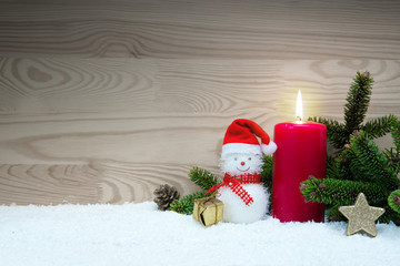 Fototapeta na wymiar Christmas snowman and Advent candle. Christmas card.