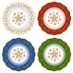 Set of decorative porcelain plates ornate with oriental golden vintage pattern.