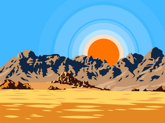 Desert landscape with mountains and sun