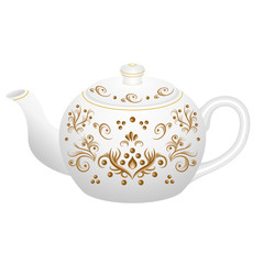 Porcelain teapot for tea set ornate with golden vintage pattern.