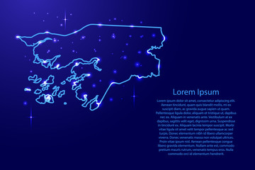 Map Guinea-Bissau from the contours network blue, luminous space stars for banner, poster, greeting card, of vector illustration