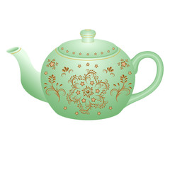 Porcelain teapot for tea set ornate with golden vintage pattern.