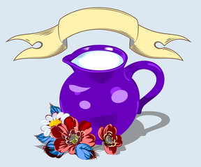 A pitcher with milk and rows of field flowers and a banner.