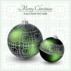 Christmas card. Green Christmas toys with the silver ornament. Ornament background.