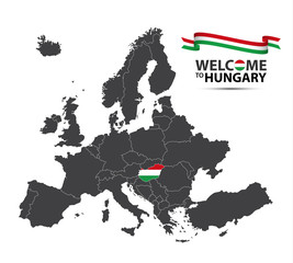 Vector illustration of a map of Europe with the state of Hungary in the appearance of the Hungarian flag and Hungarian ribbon isolated on a white background