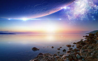 Wallpaper for ambient and chillout music, glowing sunset, serene sea, planet and spiral galaxy