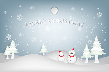 Snowman with snowflakes and merry christmas background as holiday and new year concept. vector illustration.
