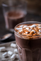 hot chocolate with small marshmallows in a glass beaker
