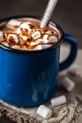 hot chocolate with little marshmallows in metal circles for mescaline - obrazy, fototapety, plakaty