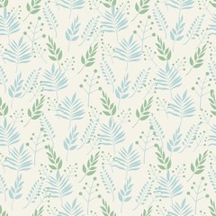 Fototapeta na wymiar Seamless background pattern of leaves and branches leaves in pastel shades of green and blue on a beige background . Abstract leaf texture, vector illustration.