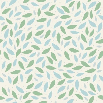 The floral pattern. Green leaves scattered on a beige background, seamless background, texture, vector illustration