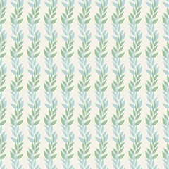 Seamless background pattern of leaves and branches leaves in pastel shades of green and blue on a beige background . Abstract leaf texture, vector illustration.