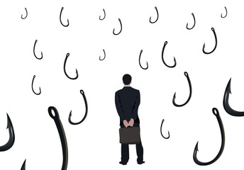 uomo di spalle guarda tanti ami da pesca