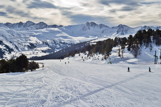 View of flat descent in ski resort.