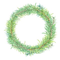 Watercolor hand drawn Christmas wreath of fir branches, isolated on white background. Winter holidays festive design.