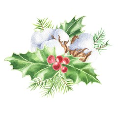 Watercolor hand drawn Christmas bouquet, holly leaves and berries, fir branches with cotton, isolated on white background. Winter holidays festive design.