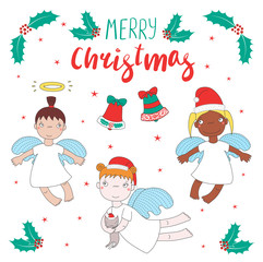 Hand drawn Christmas greeting card with cute cartoon angel girls, cat, in Santa Claus hats. Isolated objects on white background. Vector illustration. Design concept for children, winter holidays.