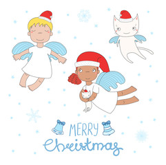 Obraz na płótnie Canvas Hand drawn Christmas greeting card with cute cartoon angel girls, cat, in Santa Claus hats. Isolated objects on white background. Vector illustration. Design concept for children, winter holidays.
